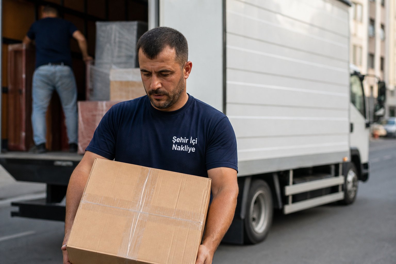 Kamyon onunde koli tasiyan personel - Koli Taşıma
