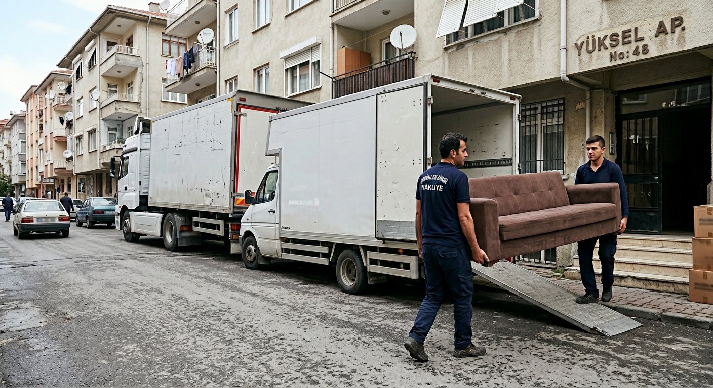 Rampalı araca mobilya yükleyen taşıma ustası