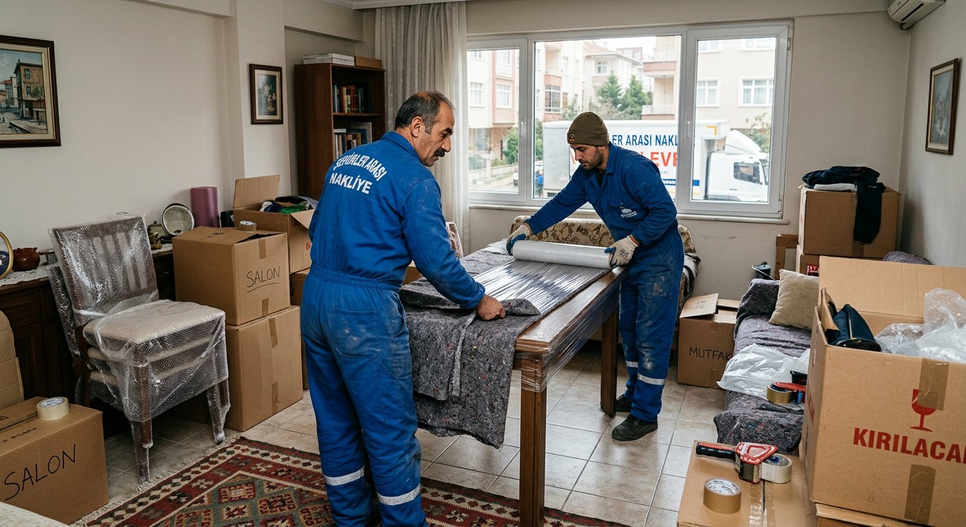 Salonda masa paketleyen profesyonel nakliyeciler - asansörlü nakliyat